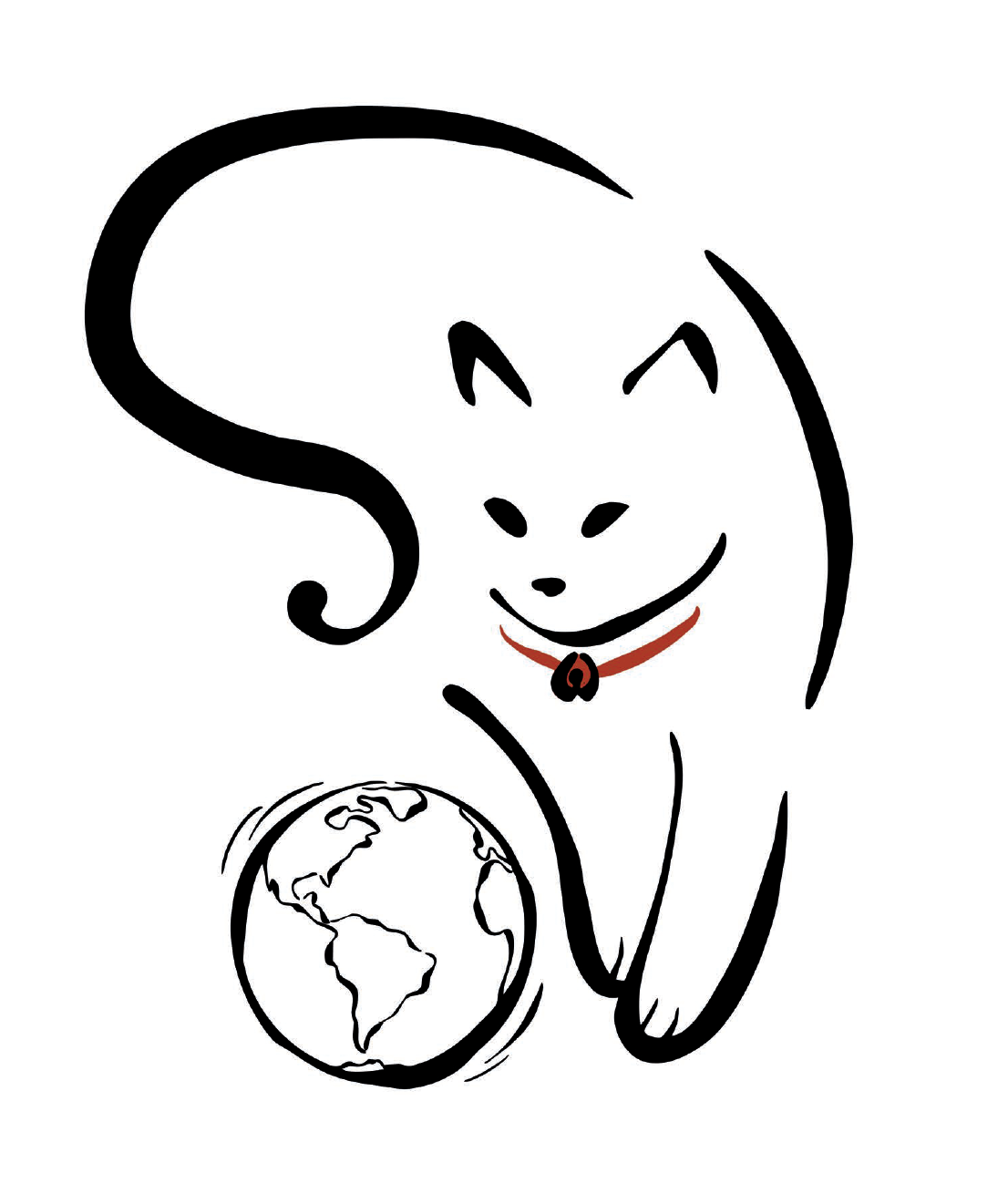 A cat outlined in black has a red collar and bell around its neck. It's playing with the earth.